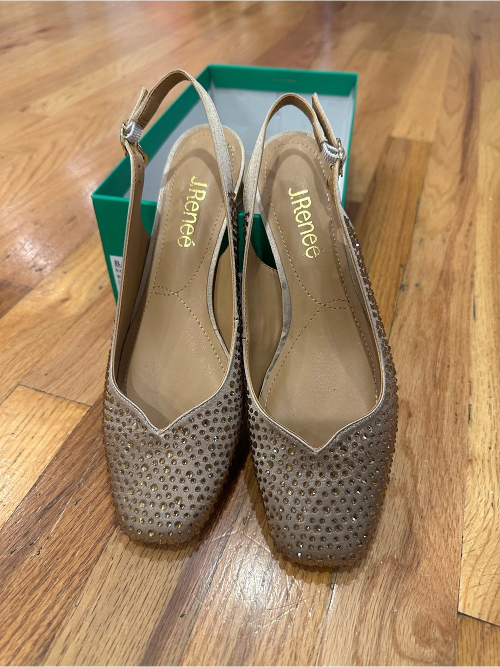 J.Renee Taupe Crystal-Stud Slingback Flats